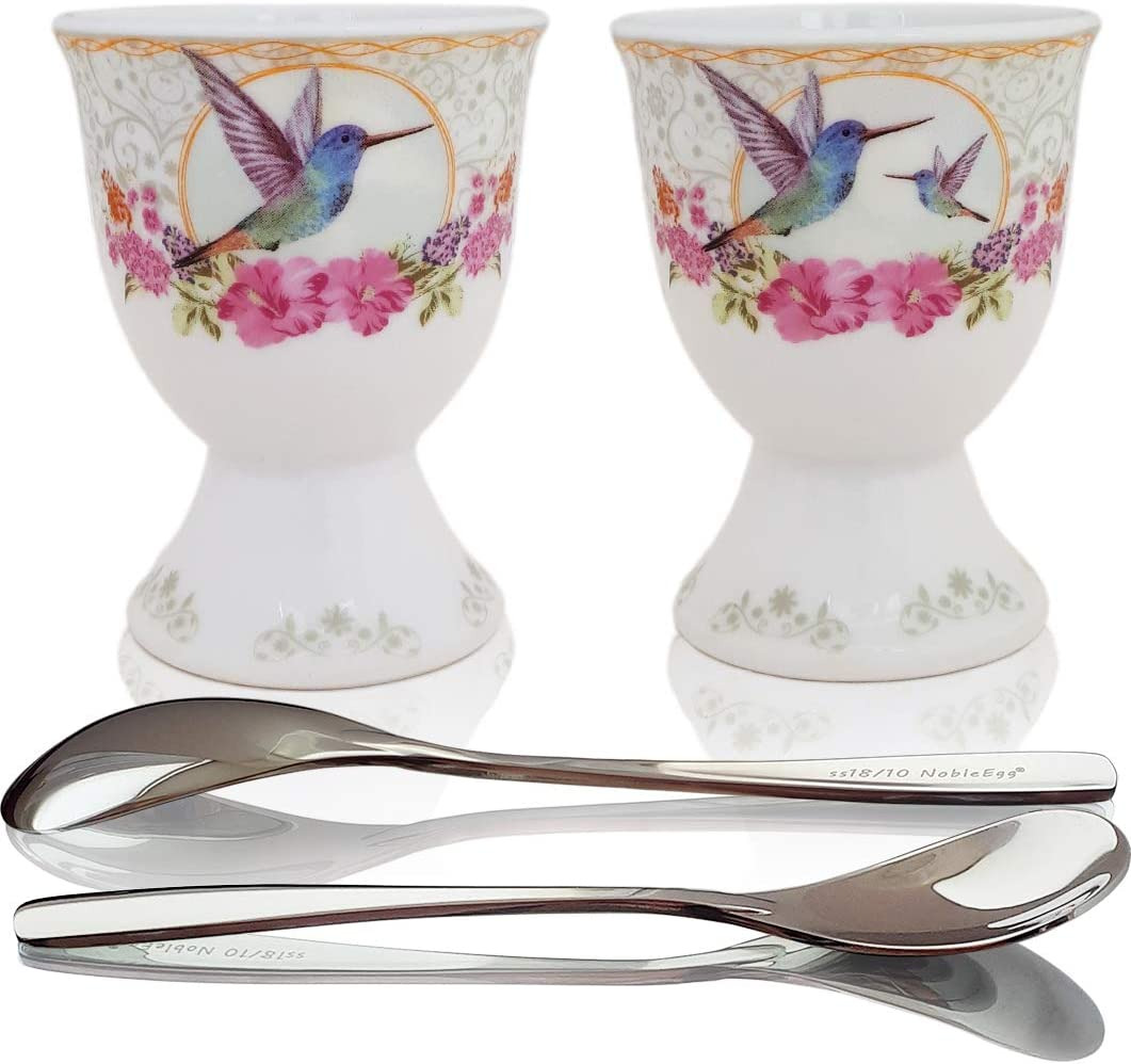 Vintage Style Porcelain Egg Cups Holders, Authentic Egg Spoons - Stainless Steel