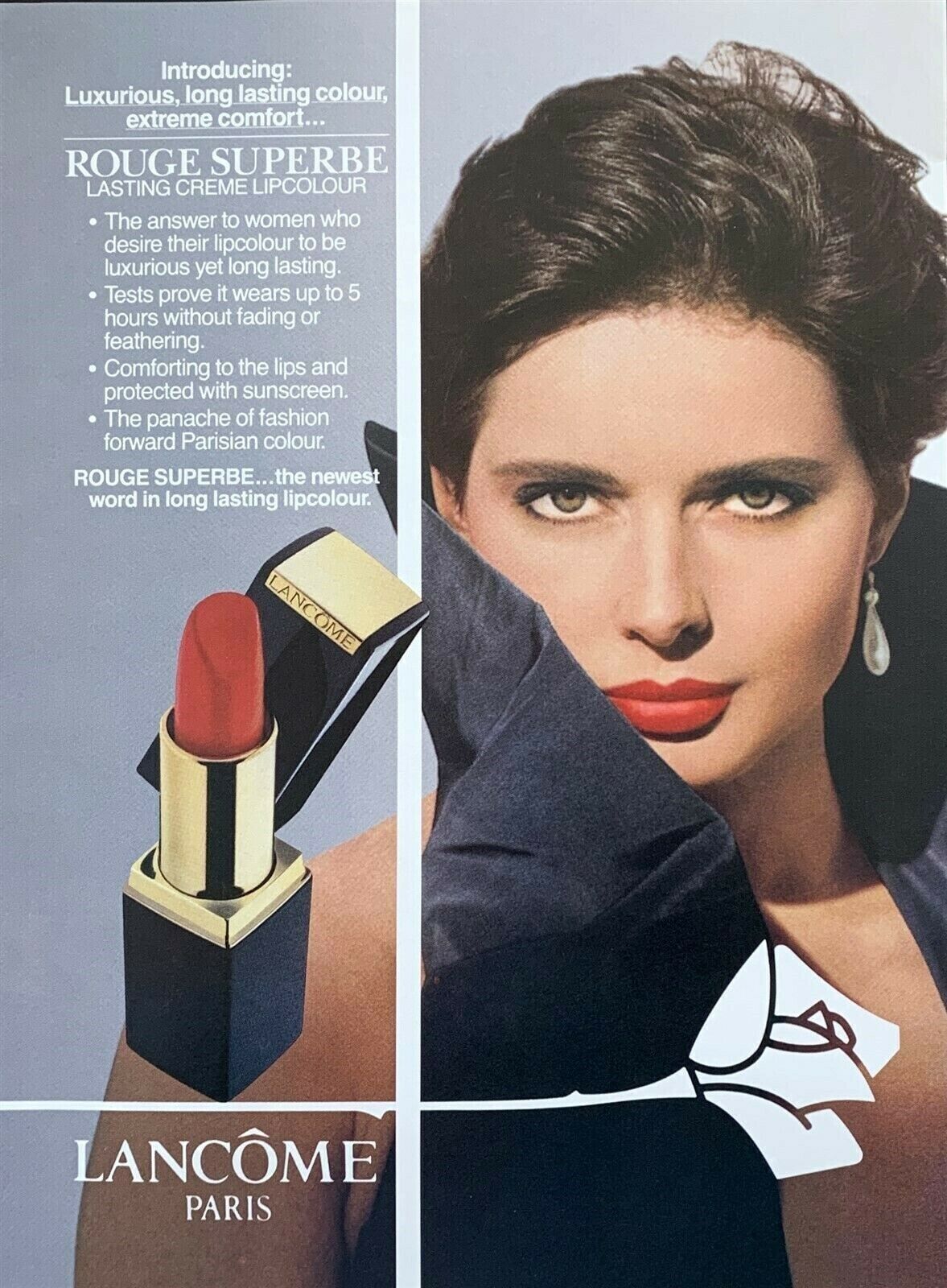 1990 LANCOME Rouge Superb Lipcolour Isabella Rossellini Photo Vintage PRINT AD