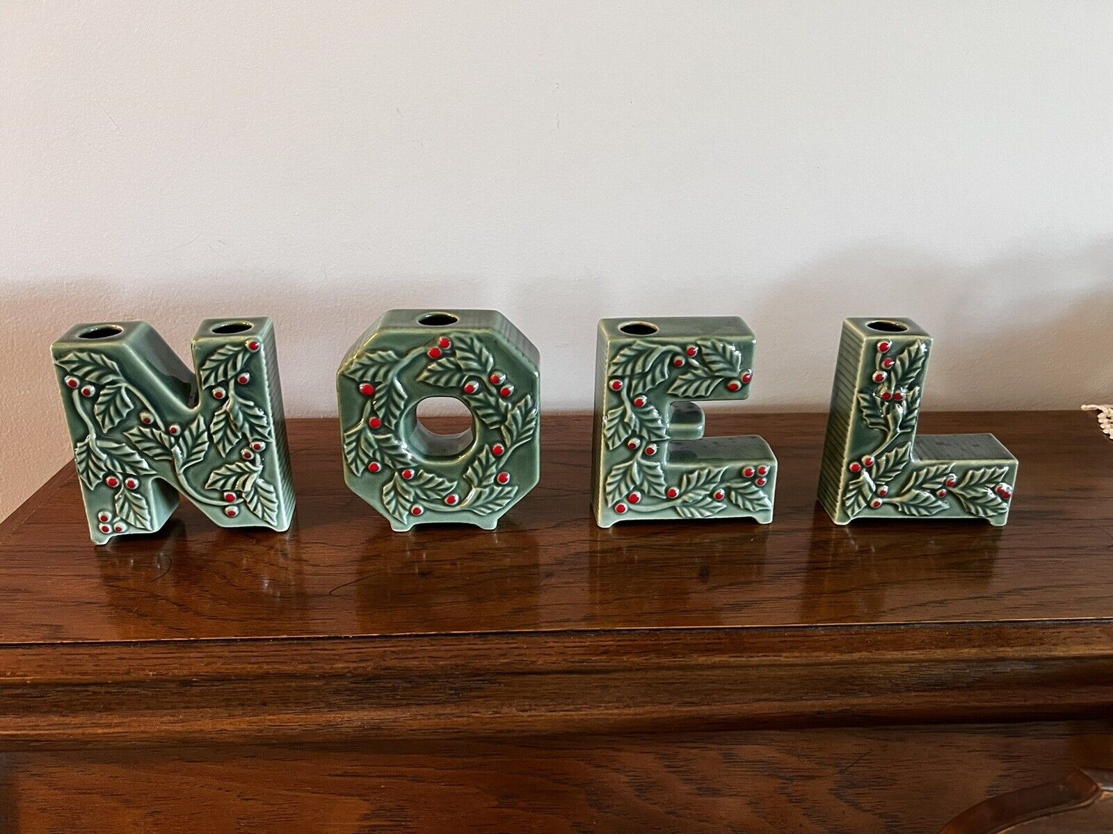 Vintage Lipper & Mann Green Ceramic Noel Candle Holders