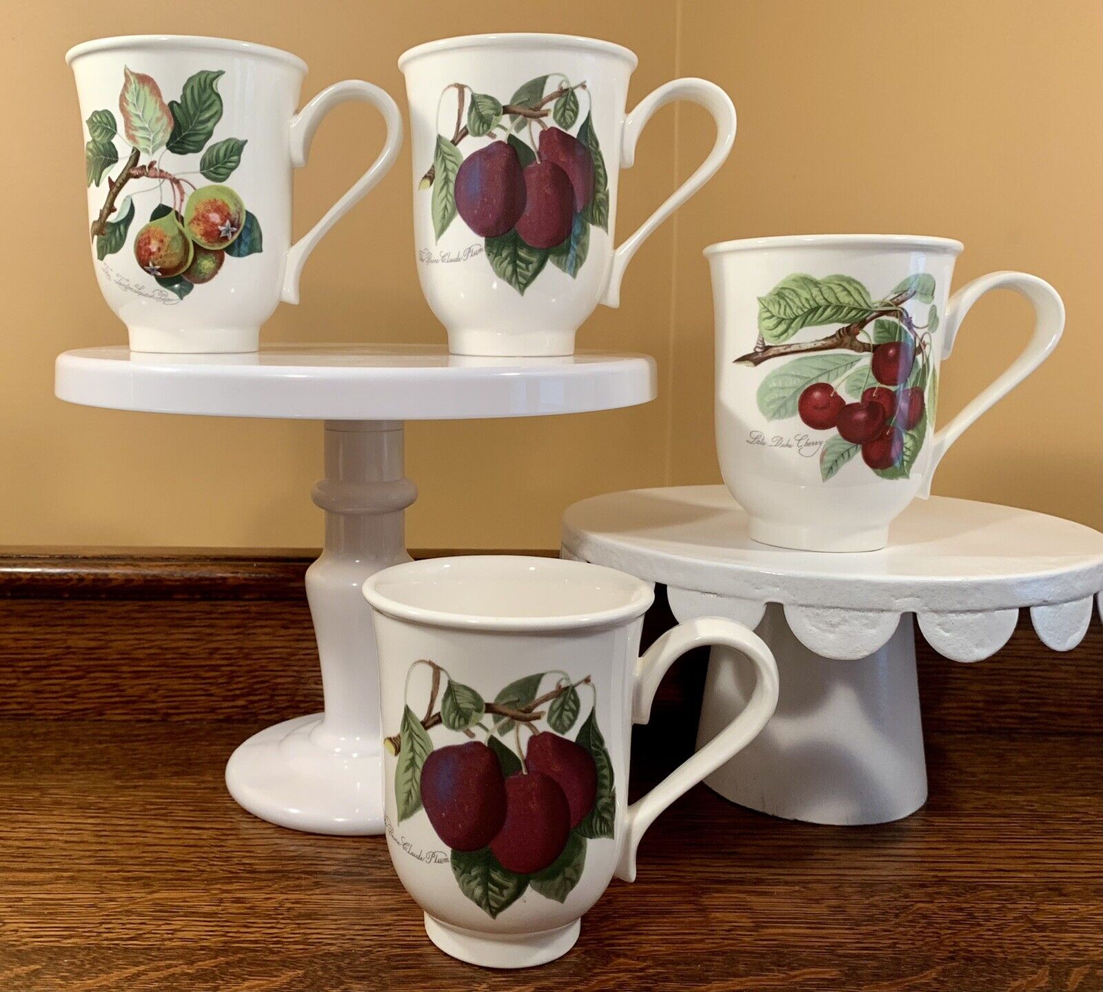 Lot Of 4 Retired Portmeirion POMONA Mugs: Fruit • Cherries Plums Pears Blossoms