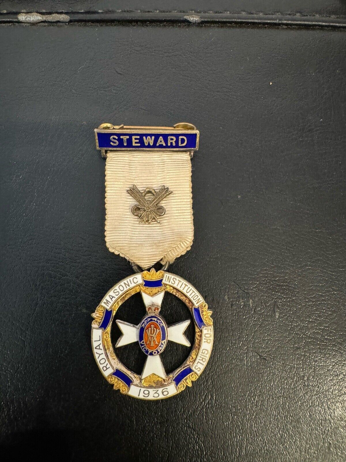1936 Royal Masonic Institution Sterling Silver Enameled Medal Steward Mason 
