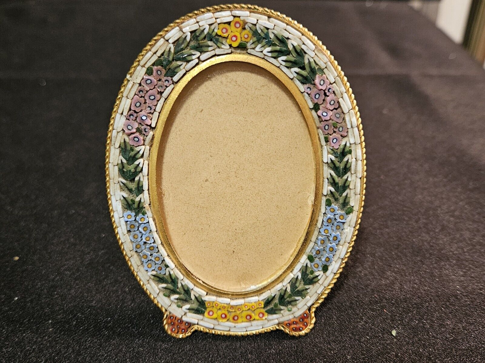 Vintage micro mosaic oval easel picture frame glass Italy 3.5”