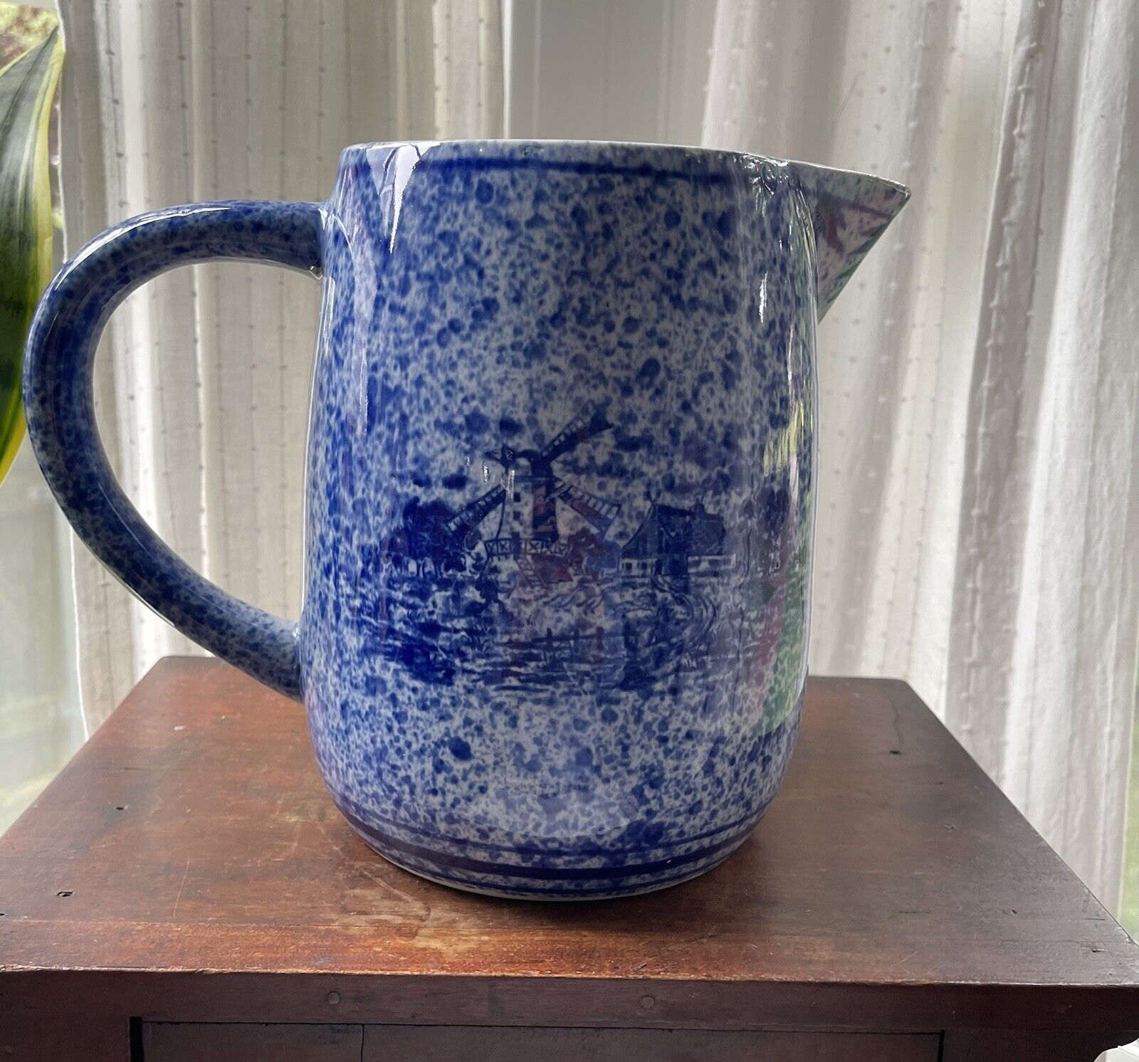Vintage Stoneware Cobalt Blue Splatter Spongeware Pitcher 9\