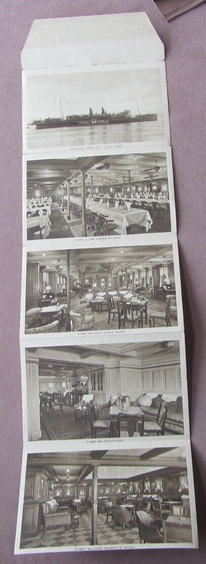 c1910 S.S. MANTUA Fold Out Postcards Letter Card 5 Views Interior Rooms P & O