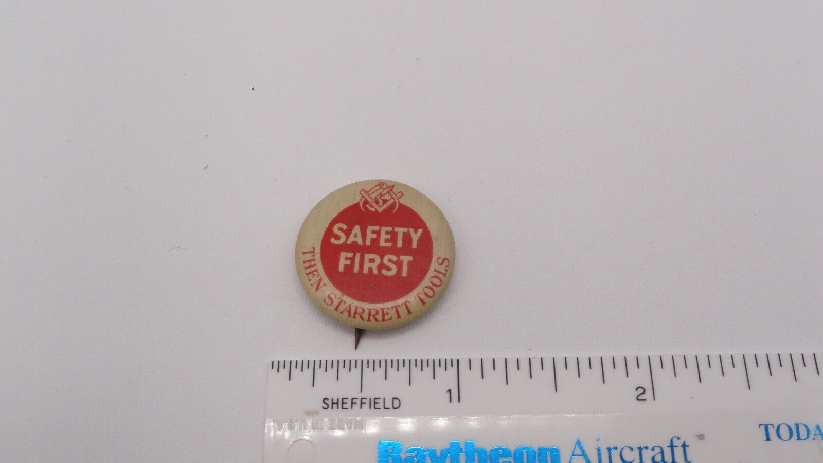 Vintage Whitehead & Hoag Safety First Then Starrett Tools Advertising Pin Button