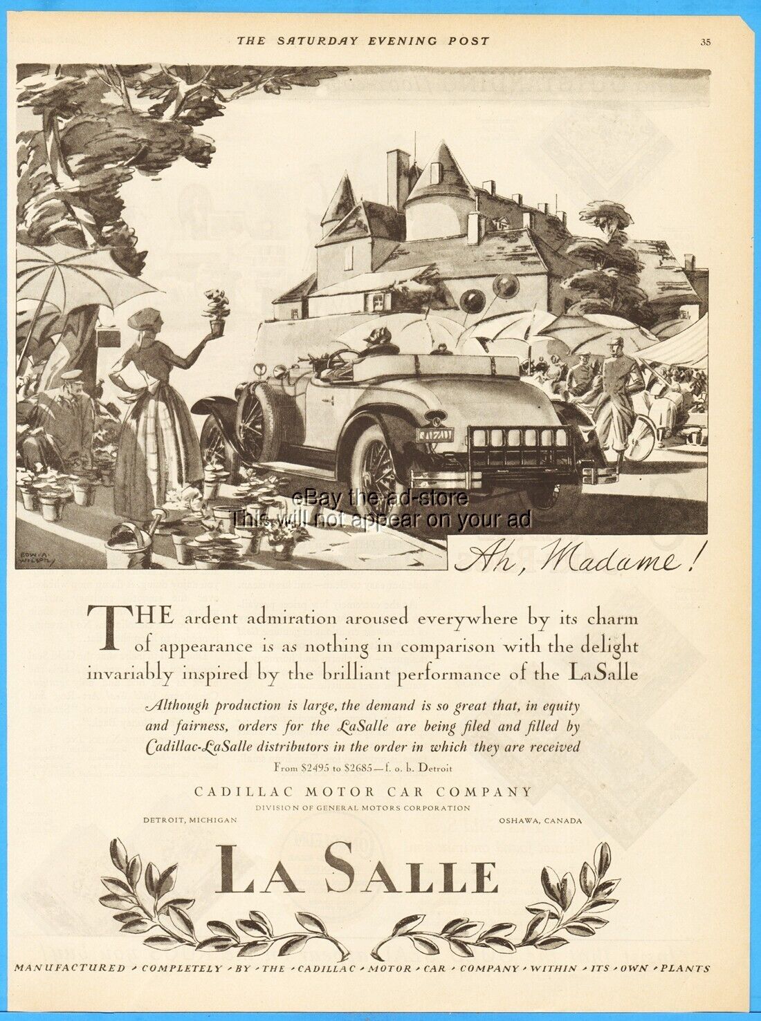 1927 Cadillac LaSalle Convertible Roadster General Motors GM Art France Car Ad
