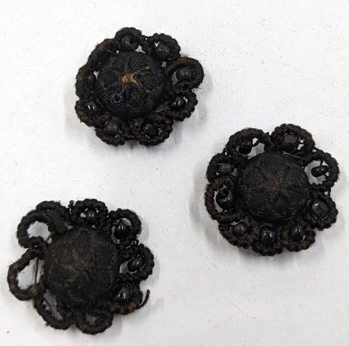 Small Antique Mourning Victorian Edwardian Black Beaded Flower Adornments 22mm