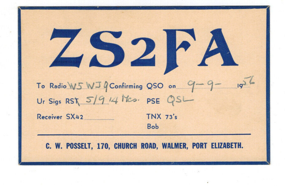 Ham Radio Vintage QSL Card     ZS2FA   1956   Port Elizabeth, S. AFRICA