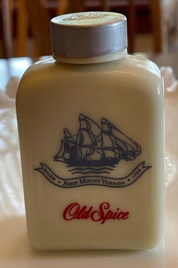 Vintage Old Spice Shulton Talcum Powder Glass Bottle Silver Cap w Sailing Ship