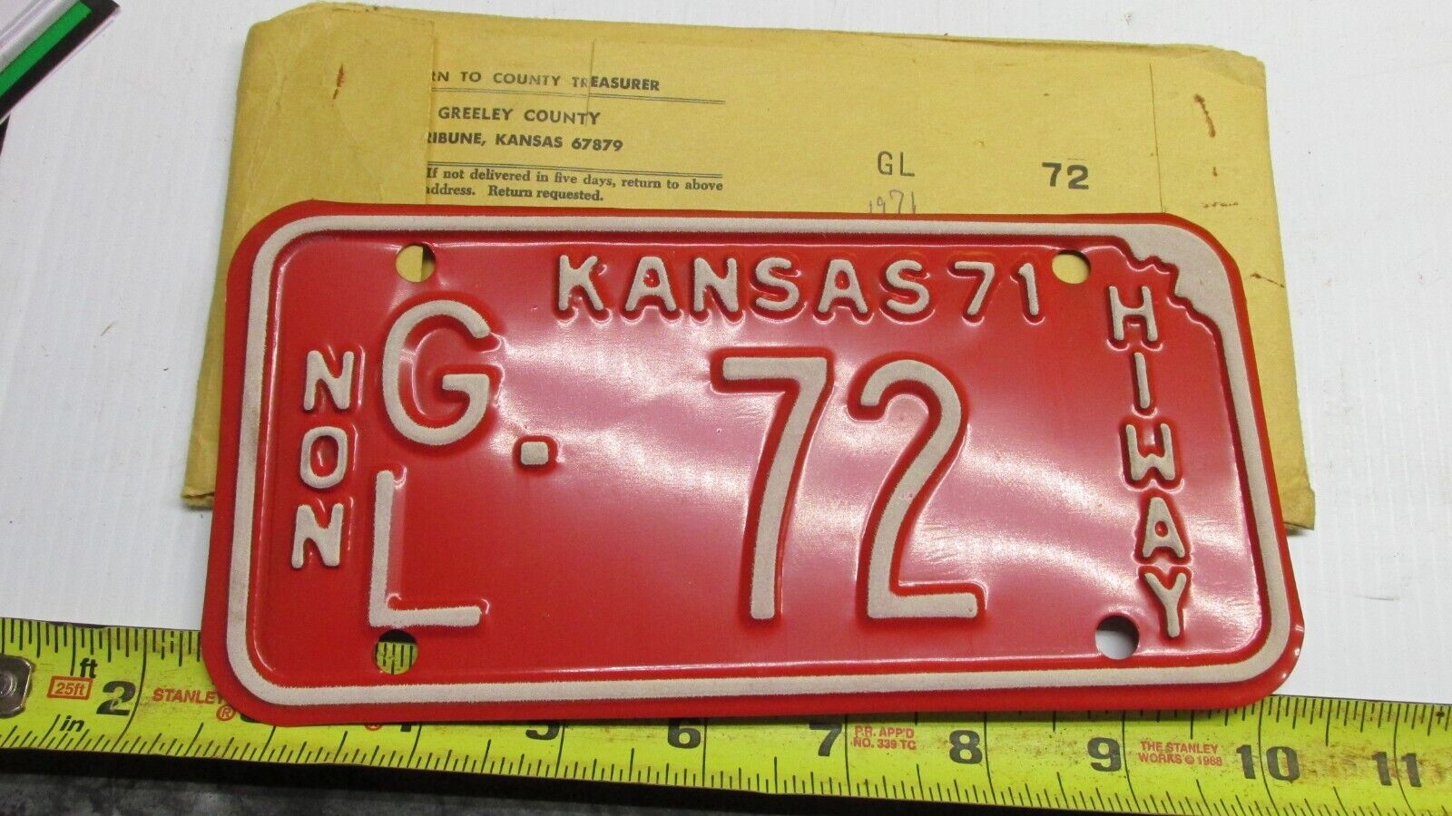 Antique 1971  Greeley  County   KANSAS  License Plate Non Highway   Tag GL72