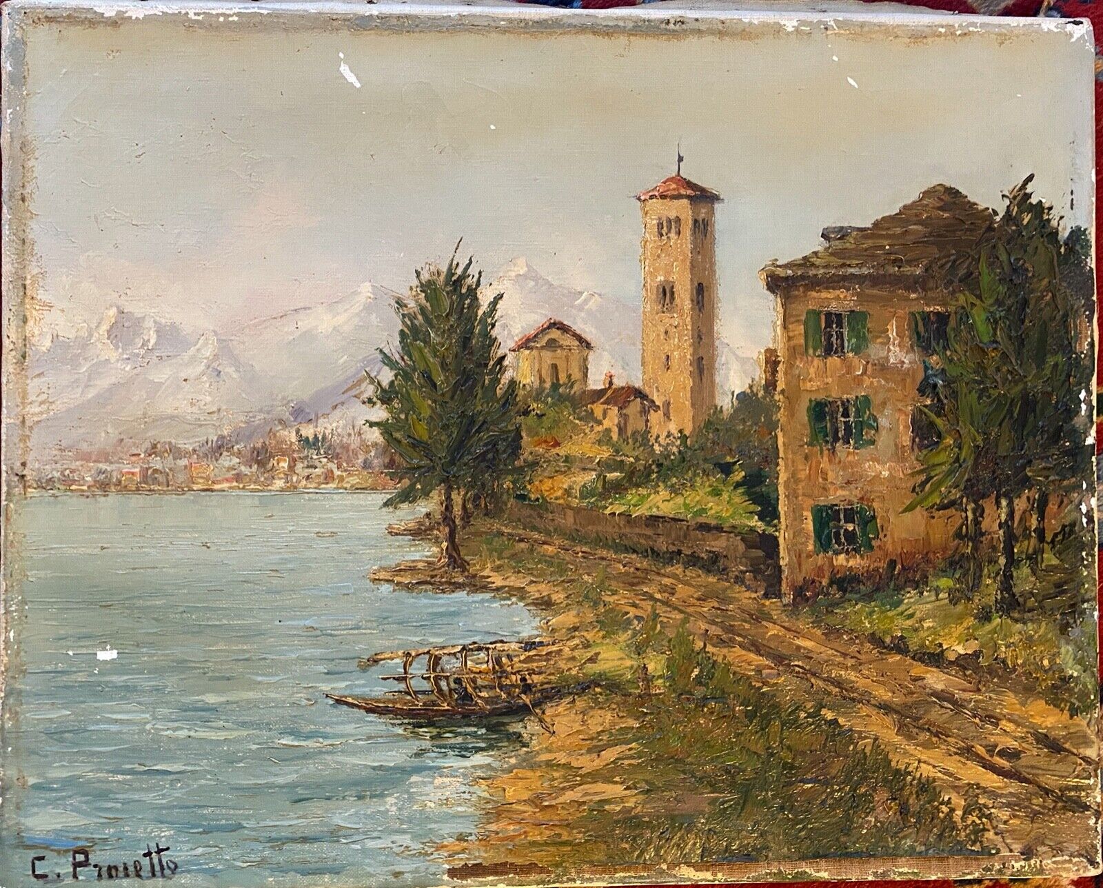 Antique Expressionism Italian Oil painting 'Village by The Lake As-Is Condition.