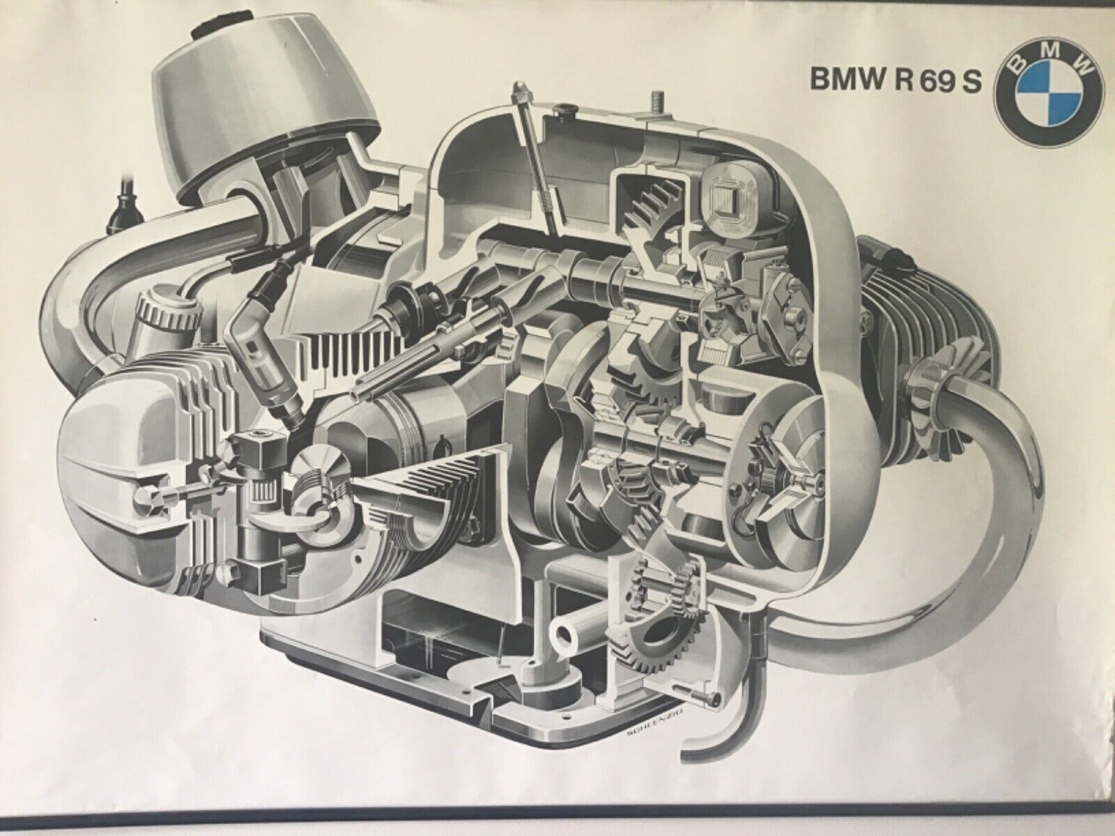 ORIGINAL R69S CUTAWAY ENGINE ARTWORK BMW MOTORCYCLE DEALER SHOWROOM POSTER