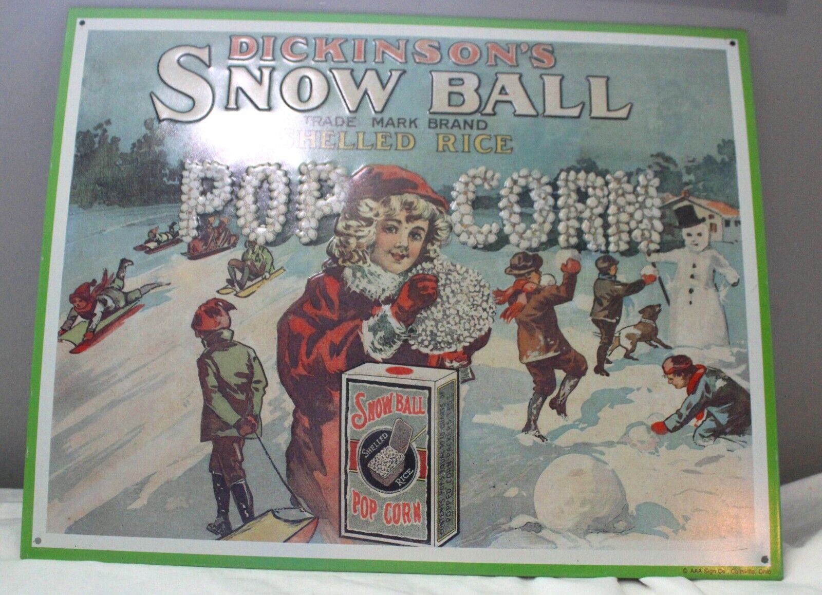 VINTAGE 1991 AAA SIGN CO DICKINSON'S SNOW BALL POPCORN SHELLED RICE TIN AD SIGN