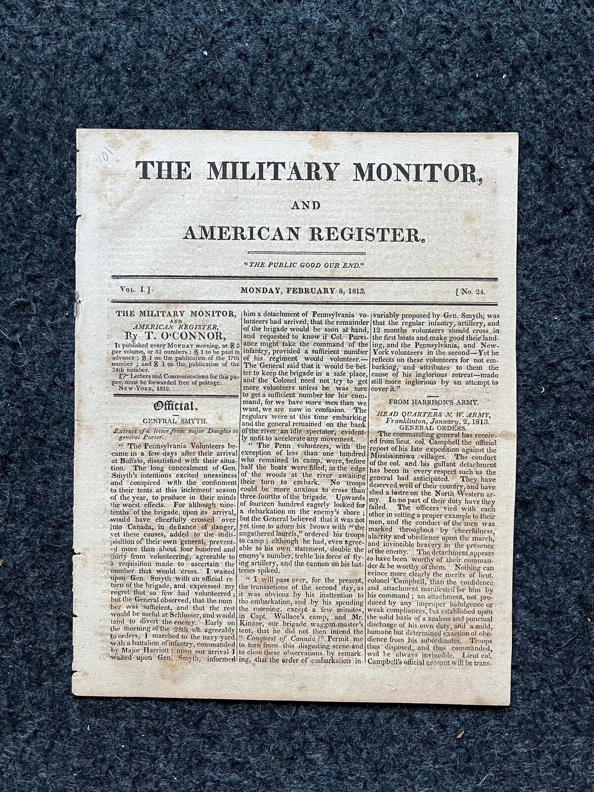 1813 US War of 1812 Original Newspaper, American Military Gifts Vintage United 