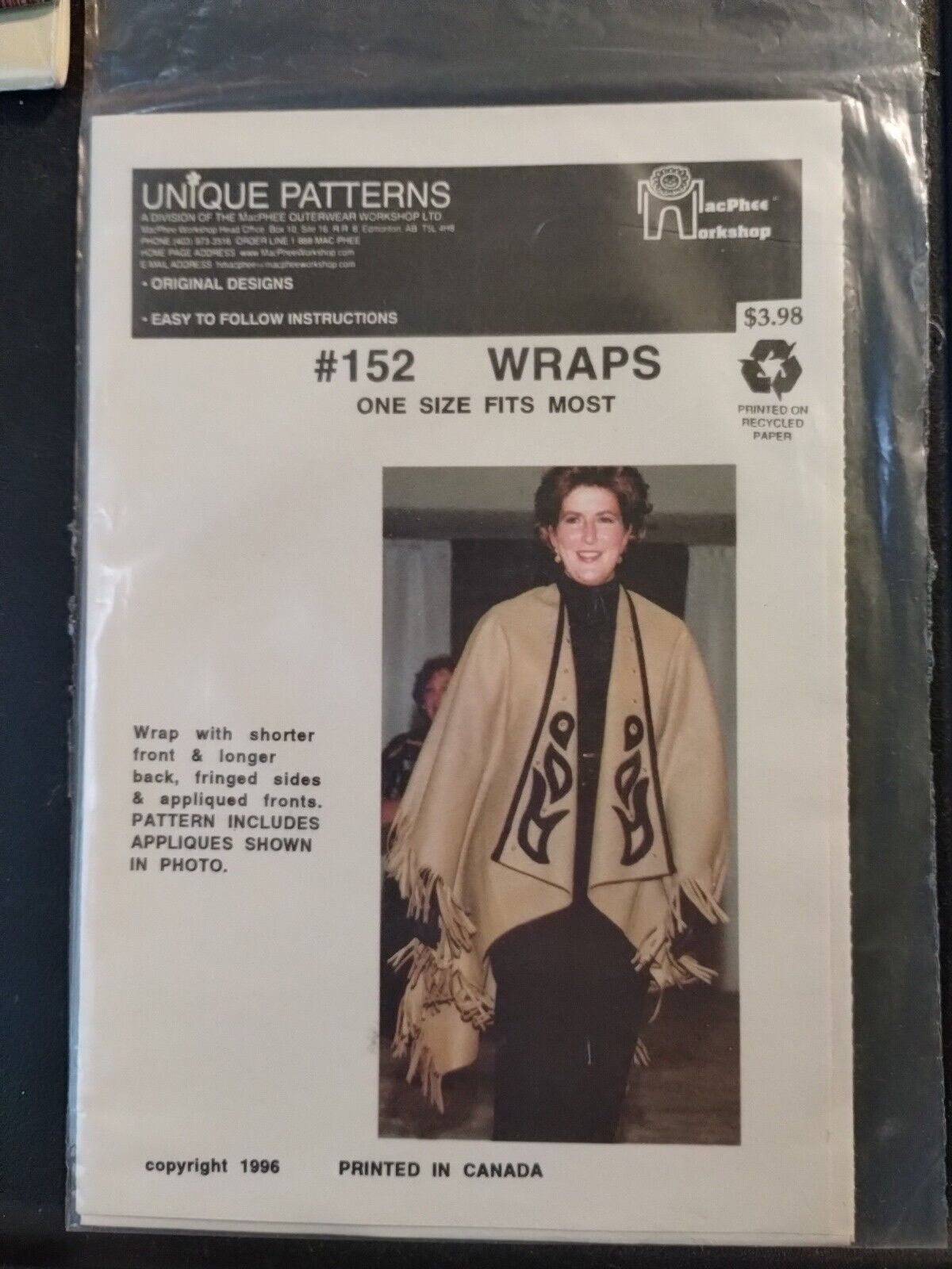 Unique Patterns Sewing Pattern #152   One Size  🪡UC FF  🧵Wraps With Appliques