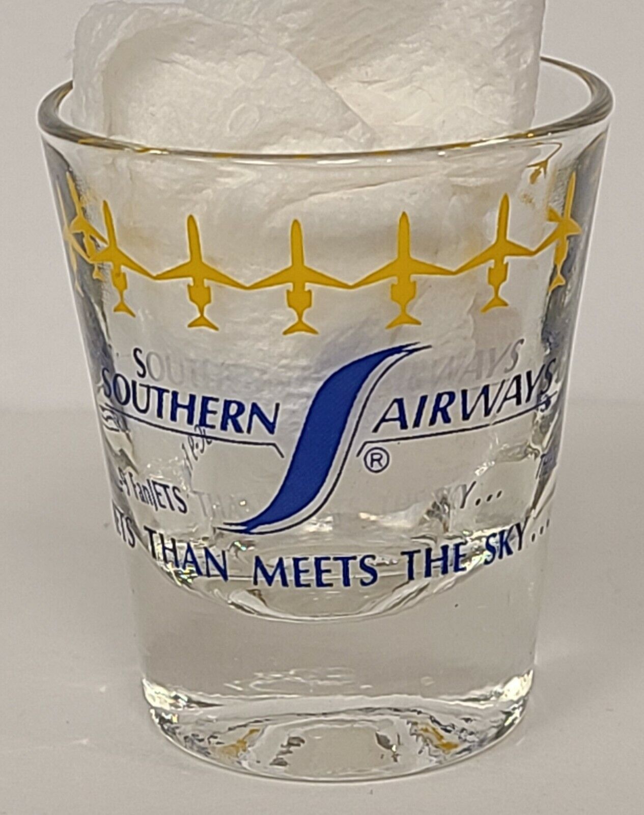 SOUTHERN AIRWAYS SHOT GLASS VINTAGE 1968 DOUGLAS DC-9 FANJET AIRLINE ADVERTISING