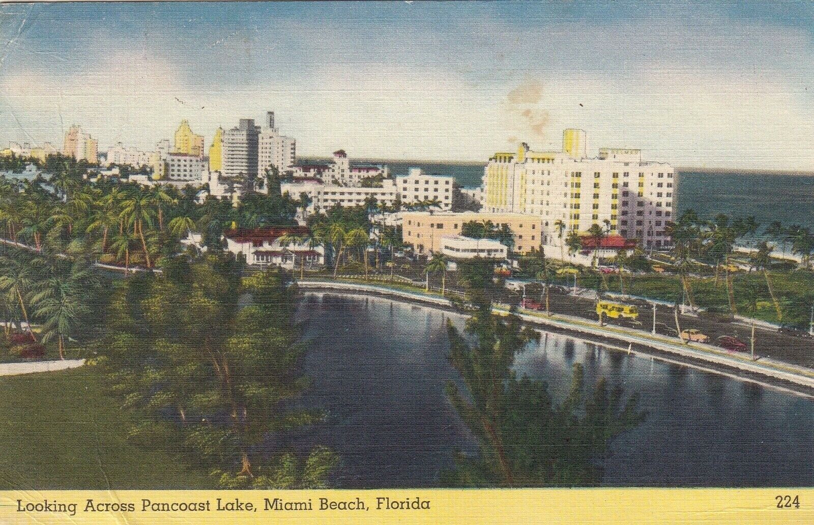 Vintage Florida Postcard  LOOKING ACROSS LAKE MIAMI   POSTED 1954 LINEN STAMP
