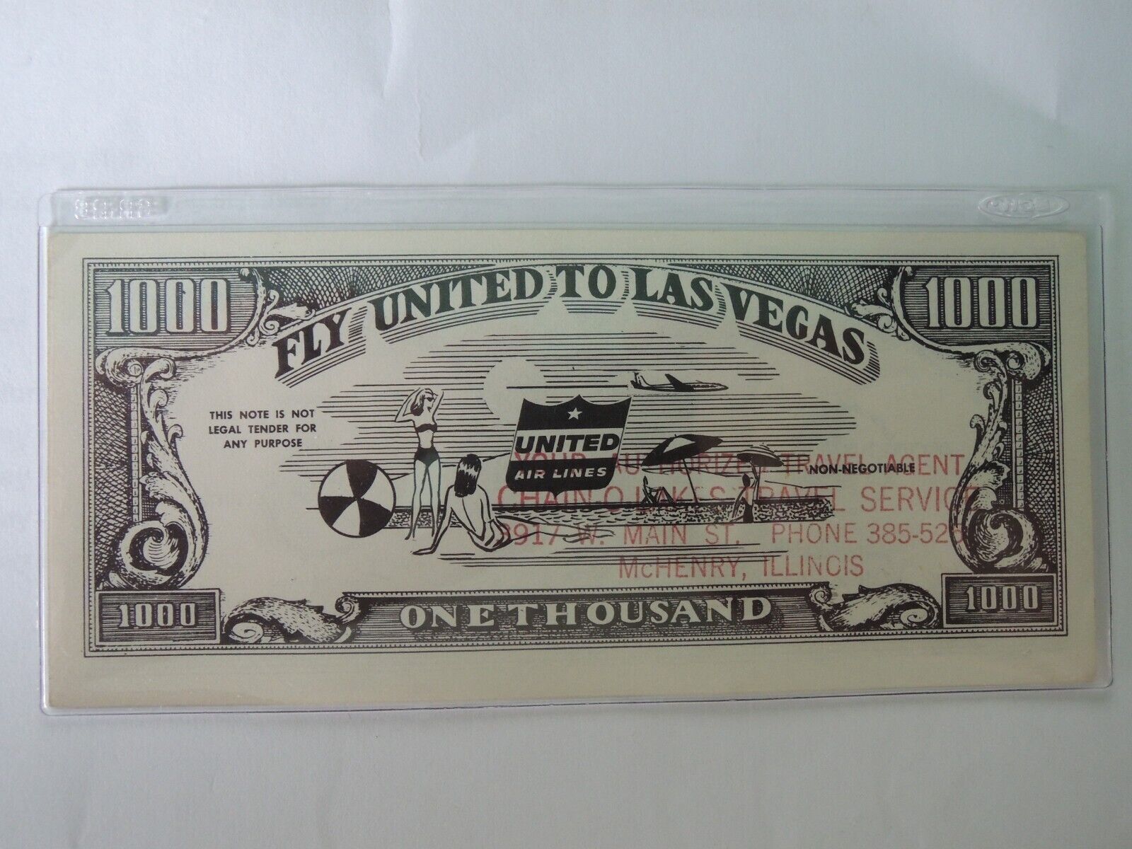 1954 Las Vegas Loot 1000 Dollar Bill. Fly United to Las Vegas. United Air Lines