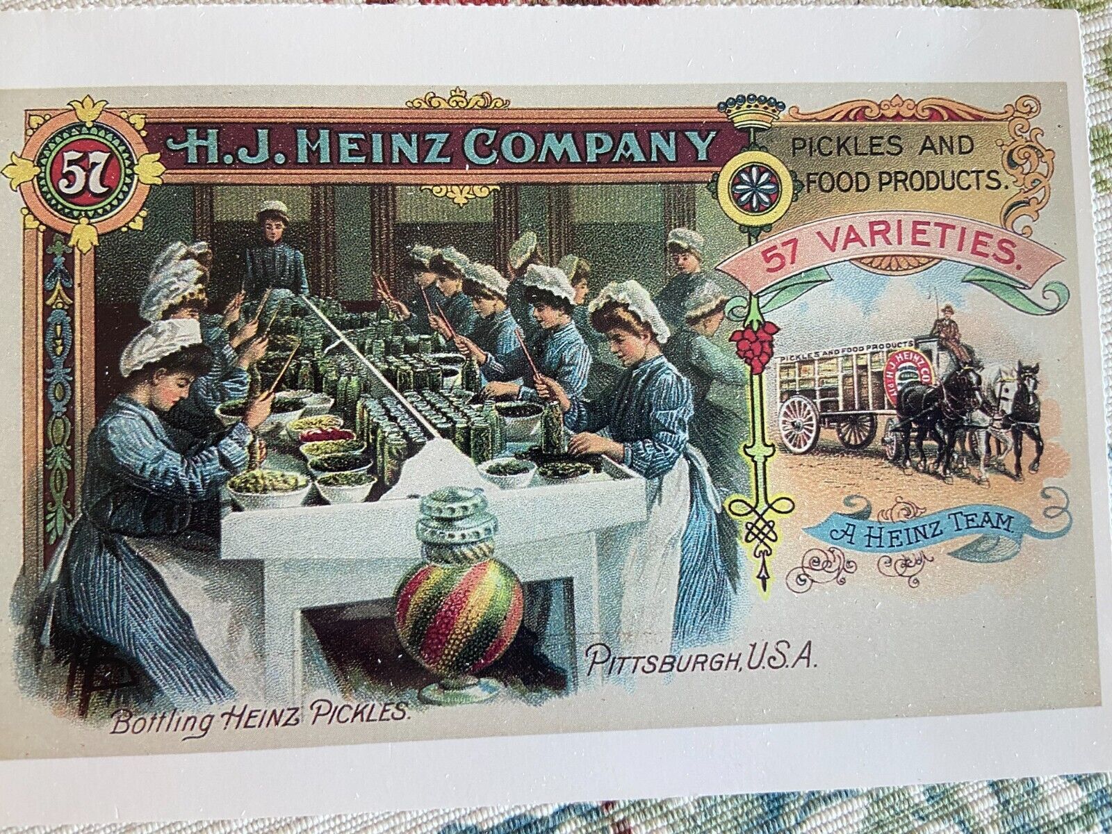 vintage advertising  postcard Heinz 57 pickles  assembly line Pittsburg