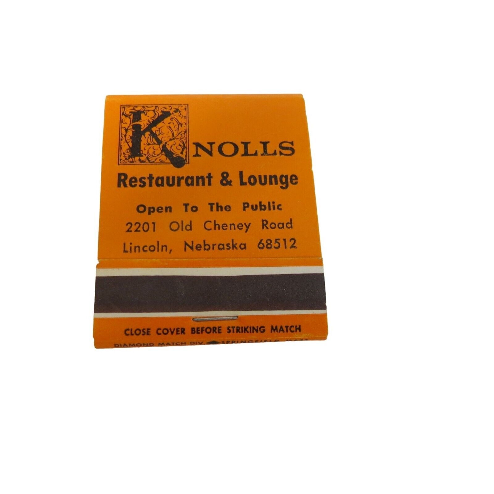 Knolls Restaurant & Lounge Lincoln Nebraska Matchbook Advertising Orange