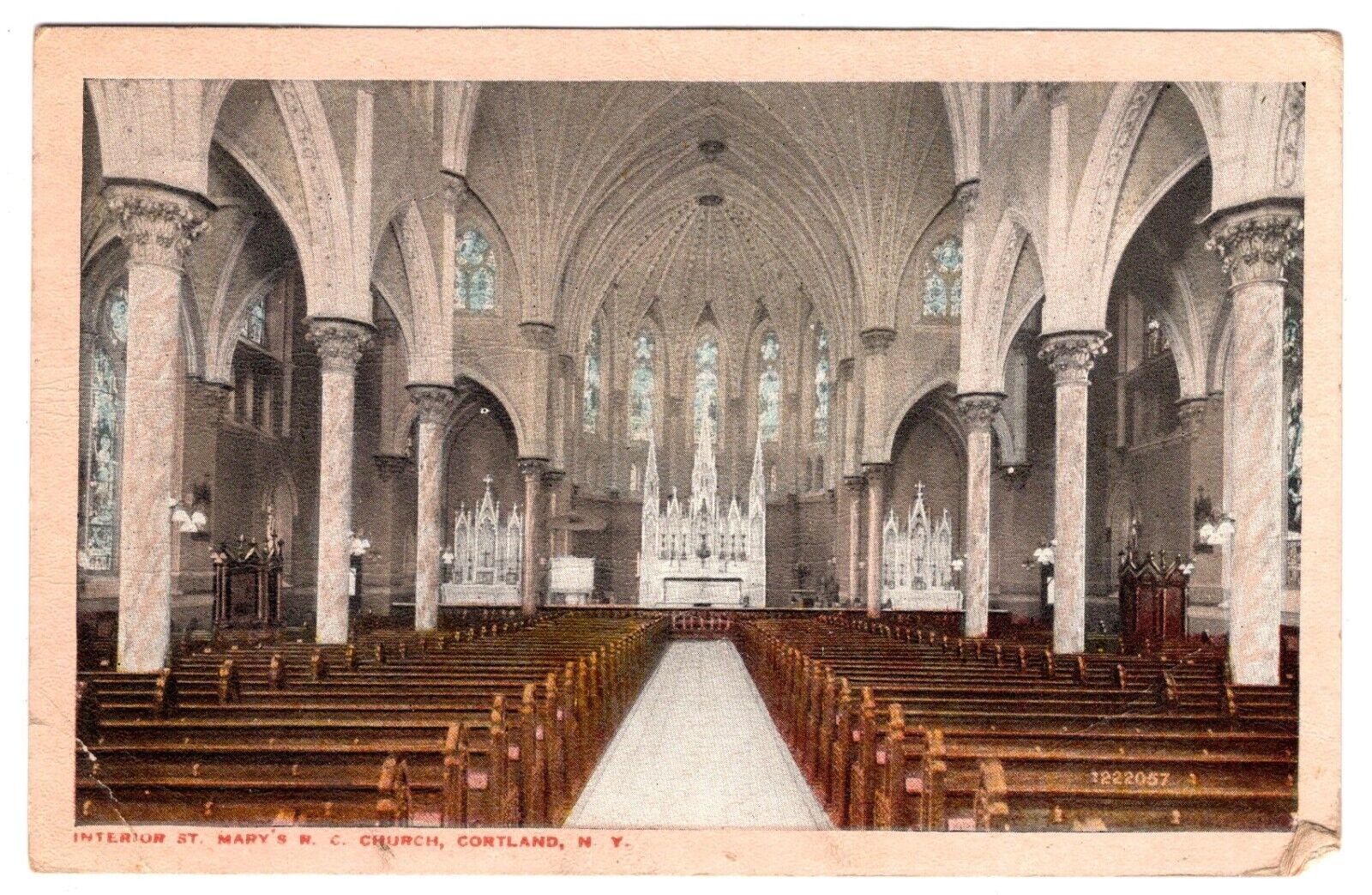 Interior St. Mary\'s  R. C. Church, Cortland, NY   PC     Postmark  1918
