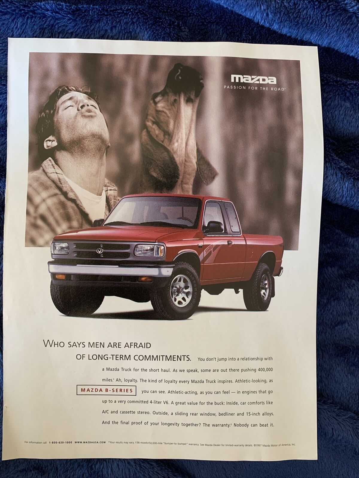 1997 Mazda B4000 SE Pickup Truck Ad Man Howling With Dog B-Series Red 