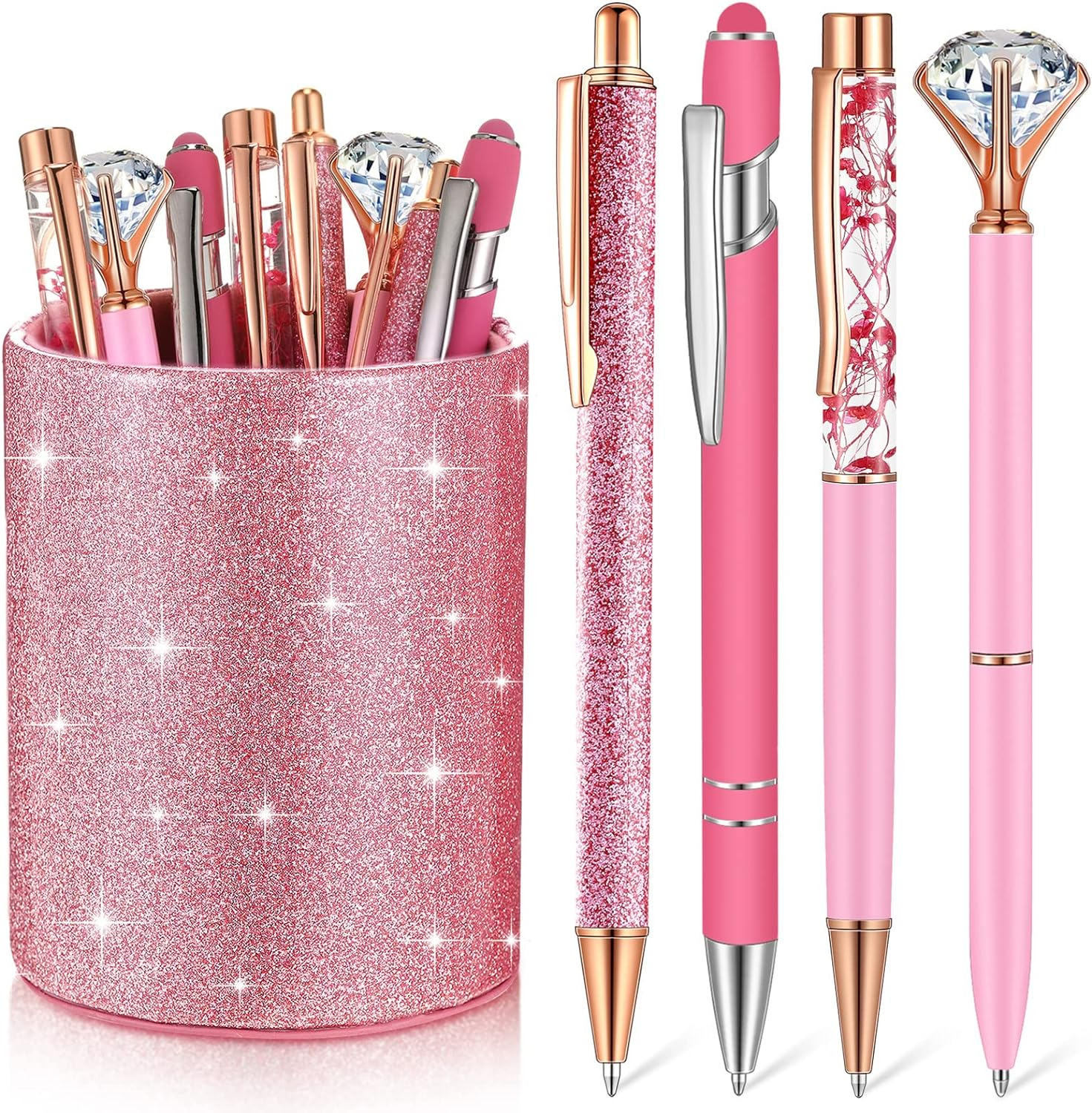 8 PCS- Ballpoint Pens with Glitter Pen Holder for Desk Metal Crystal Diamond