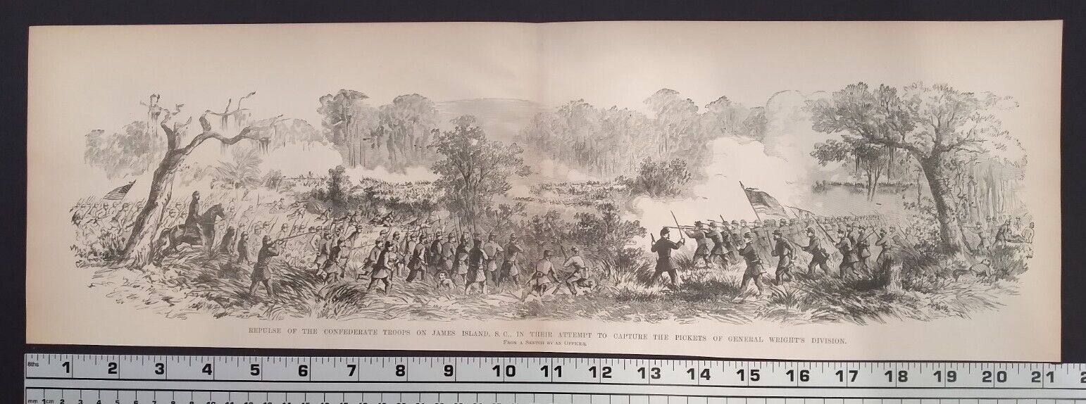 1885 Civil War Print - Repulse of Confederate Troops on James Island, SC