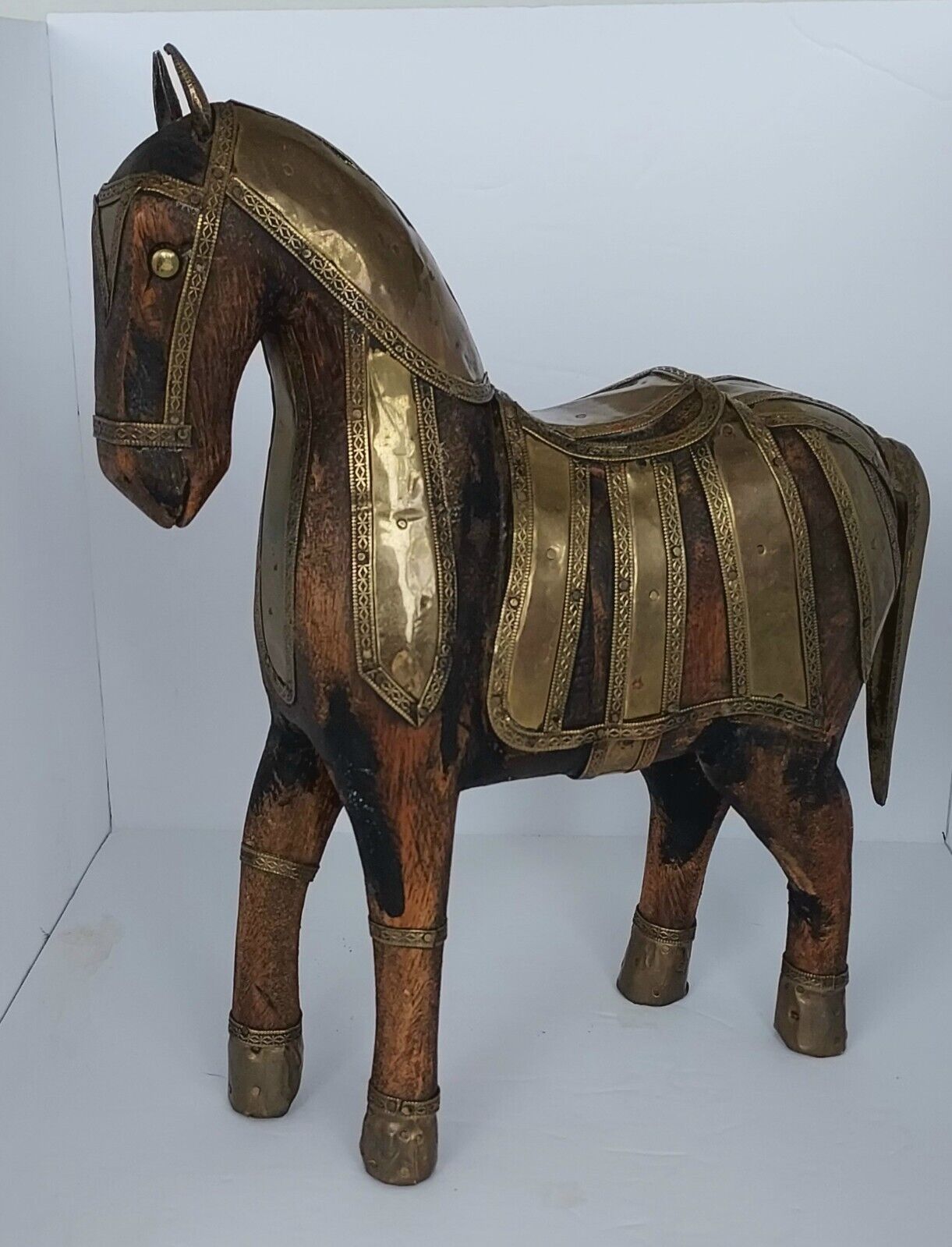Wood Carved Armored War Horse with Detailed Brass Trojan Brutalist Folk Art