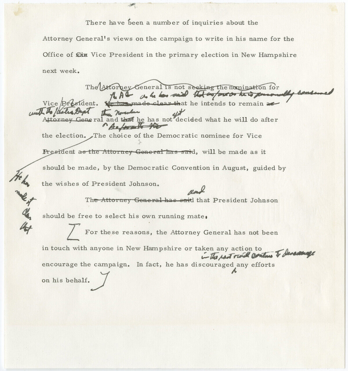 1964 Robert Kennedy Draft Press Release Discouraging a Write-In Campaign (RARE)