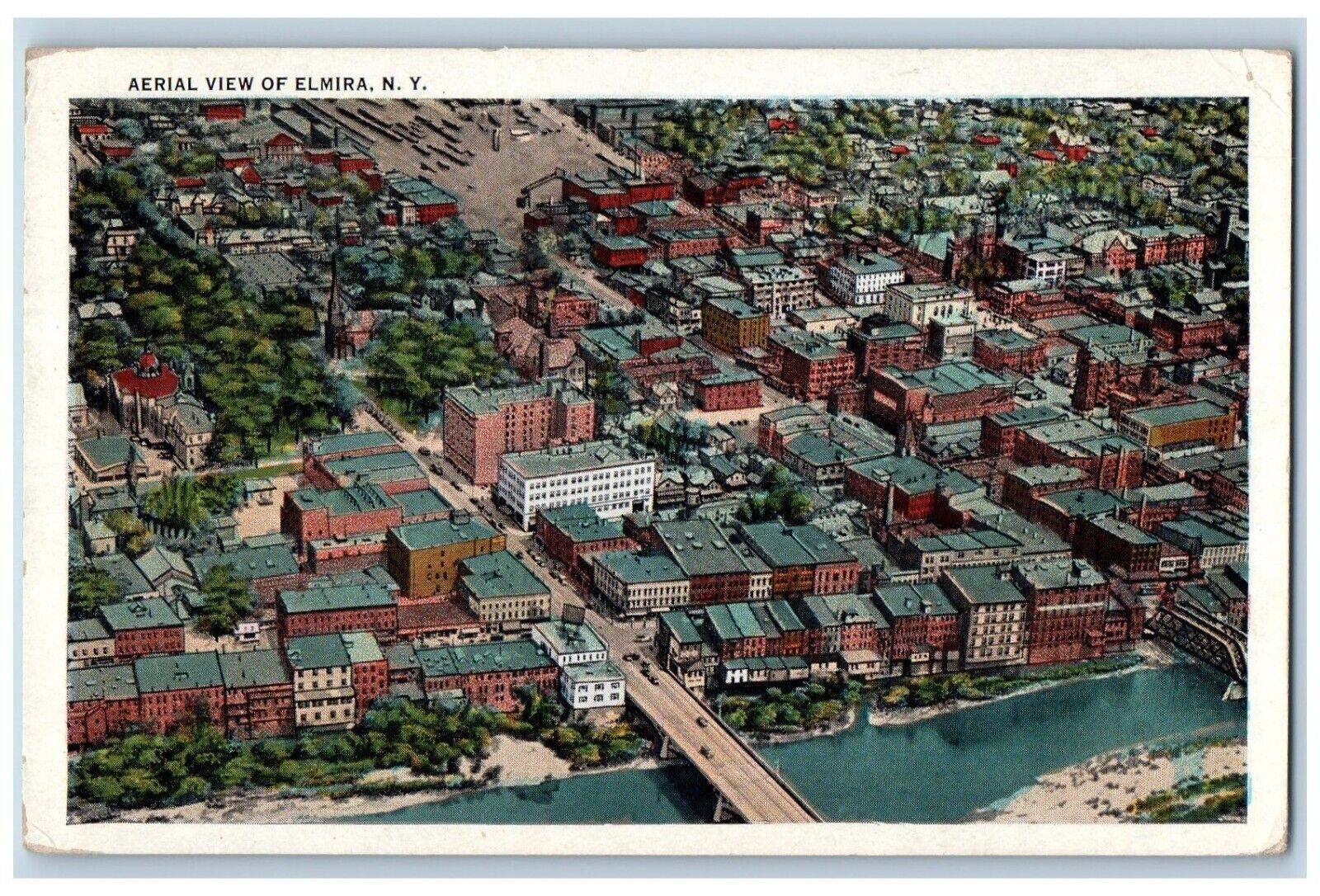 Elmira New York Postcard Aerial View Buildings Bridge Trees 1944 Vintage Antique