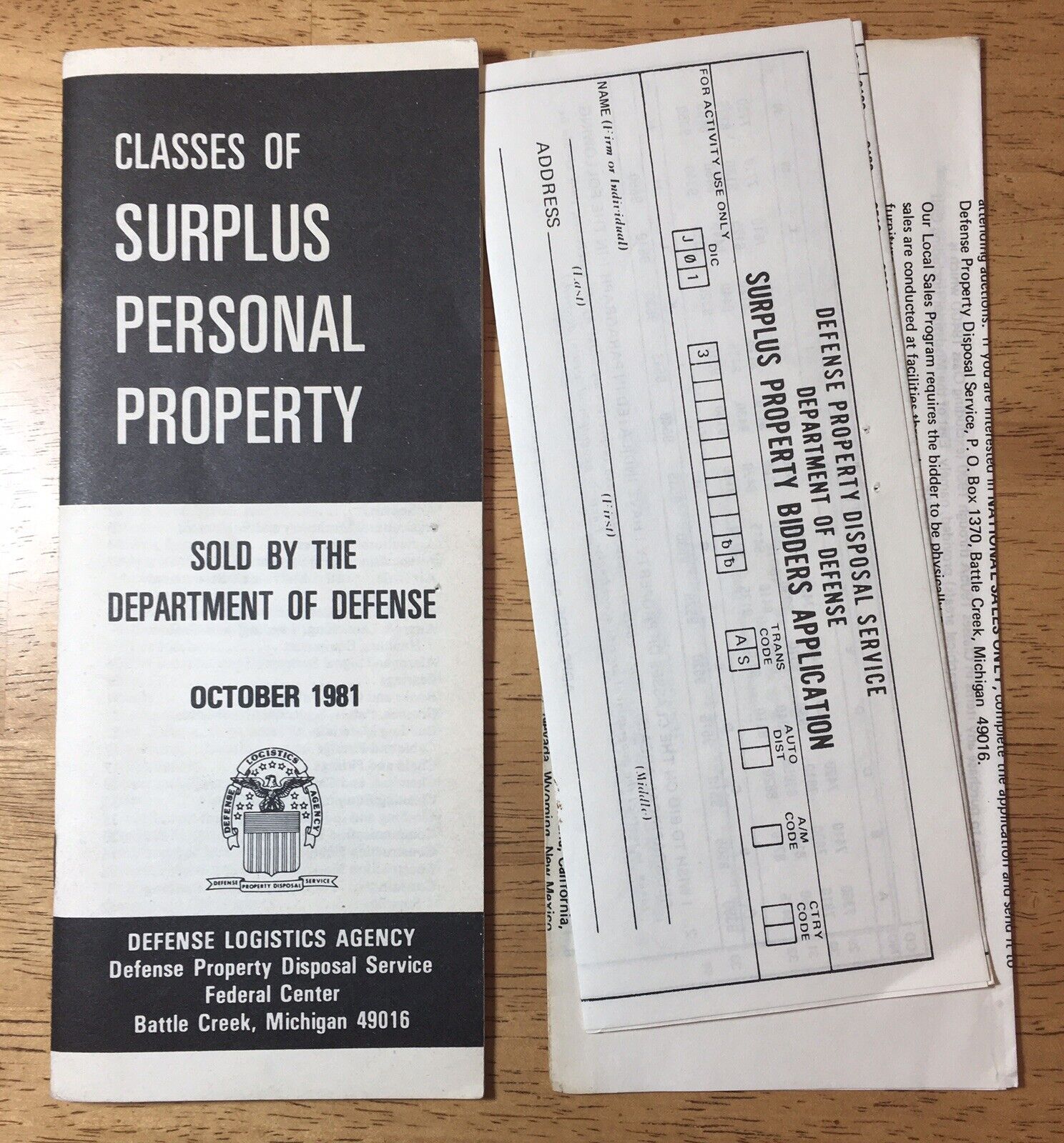 Classes of Surplus Personal Property Pamphlet, Oct. 1981 U.S. Govt. Ephemera