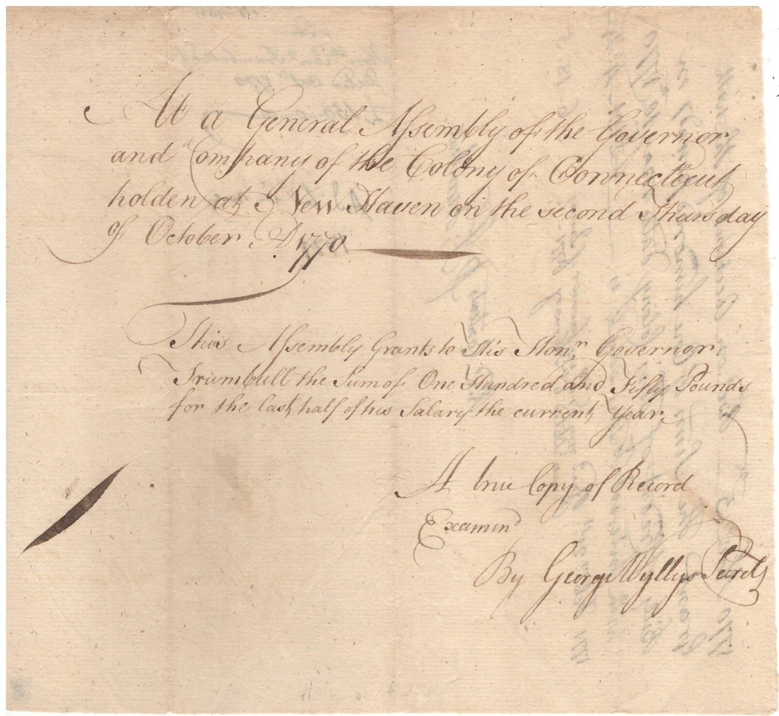 Handwritten Document Signed by Jonathan Trumbull in 1770 w/COA