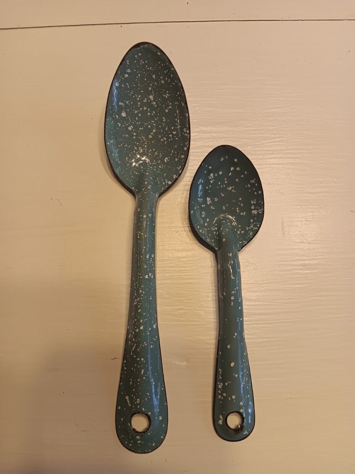 2 Vintage Robin Egg Blue Speckled Enamelware Spoons