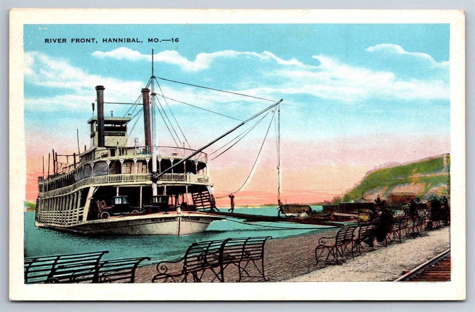 River Front Activity Ferry Boat Two Old Cars Hannibal MO C1910\'s Postcard S22