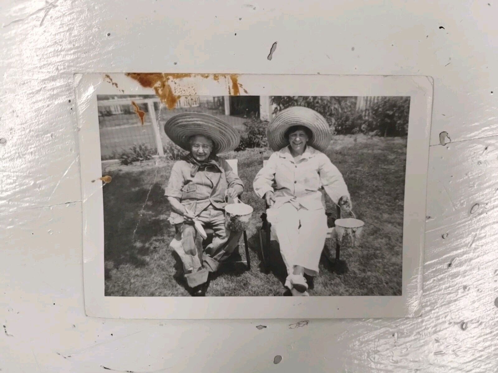 1950s Vintage Photograph Two Ladies In Rocking Chair With Large Sombreros Love