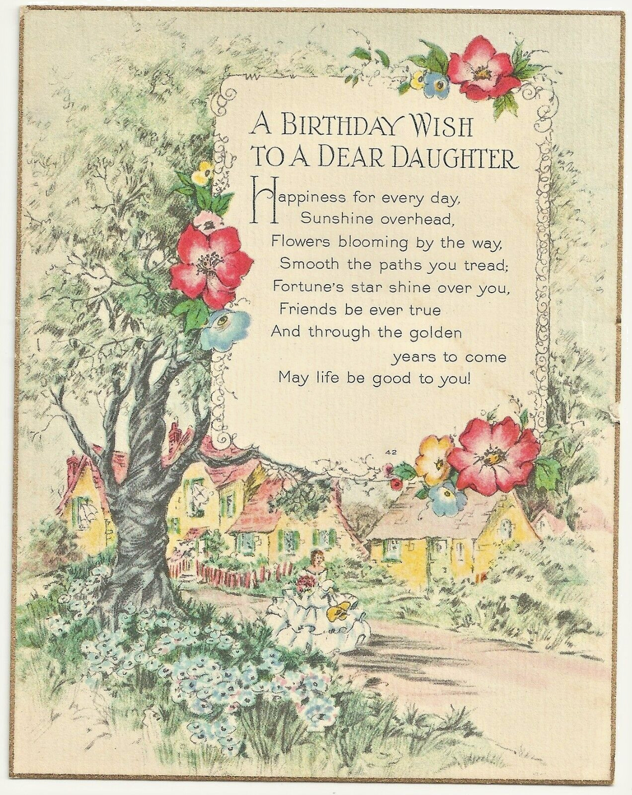 1930s Birthday Flat Card - Greeting Victorian Young Lady Cottages Hibiscus VTG