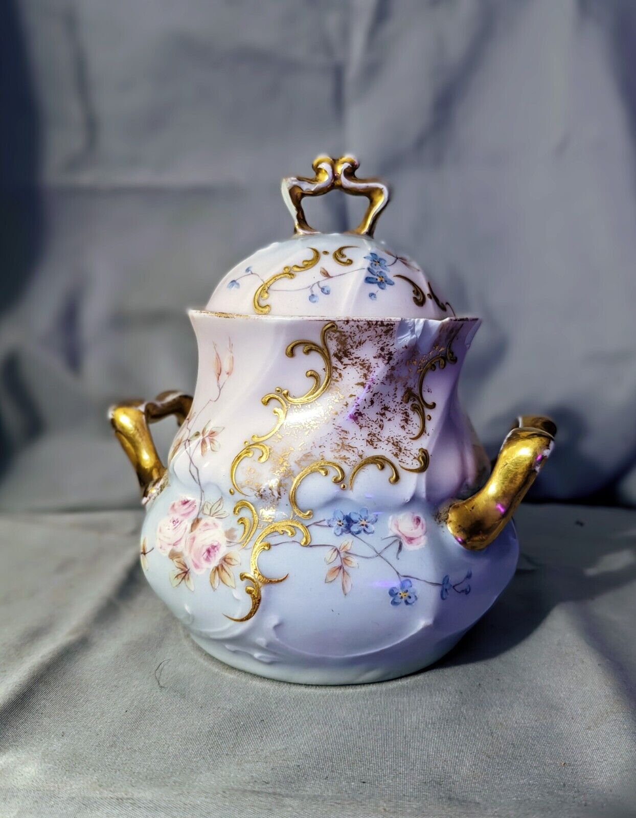Jean Pouyat~Limoges France Sugar Bowl~ANTIQUE 1850~Floral~Gold Trim W/ Lid