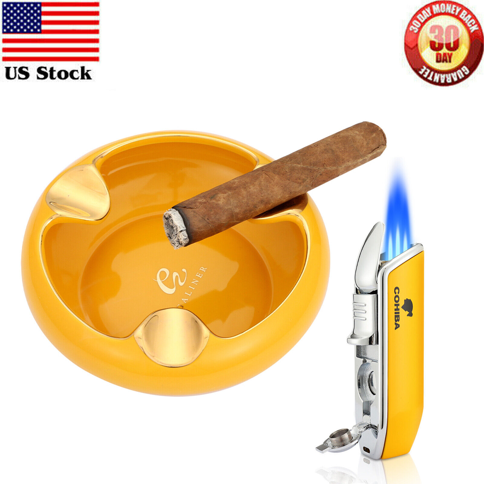 Galiner Yellow Ceramic Cigar Ashtray Holder Jet Torch Cigar Lighter Punch Cohiba