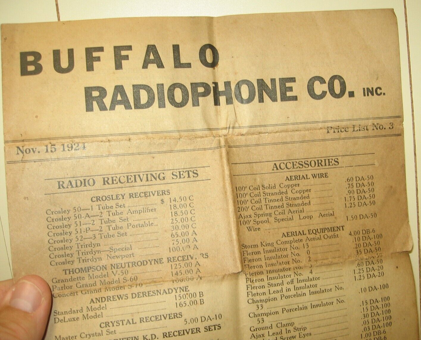 rare 1924 Buffalo (NY) Radiophone Co. Inc. Order List and Price guide Nov. 15