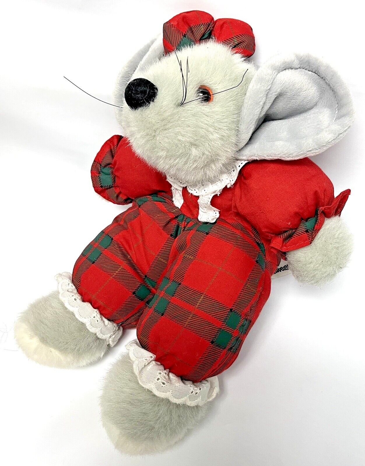VTG Commonwealth Plush Mouse Christmas Gray Red Plaid Outfit 12” Bow Stuffed