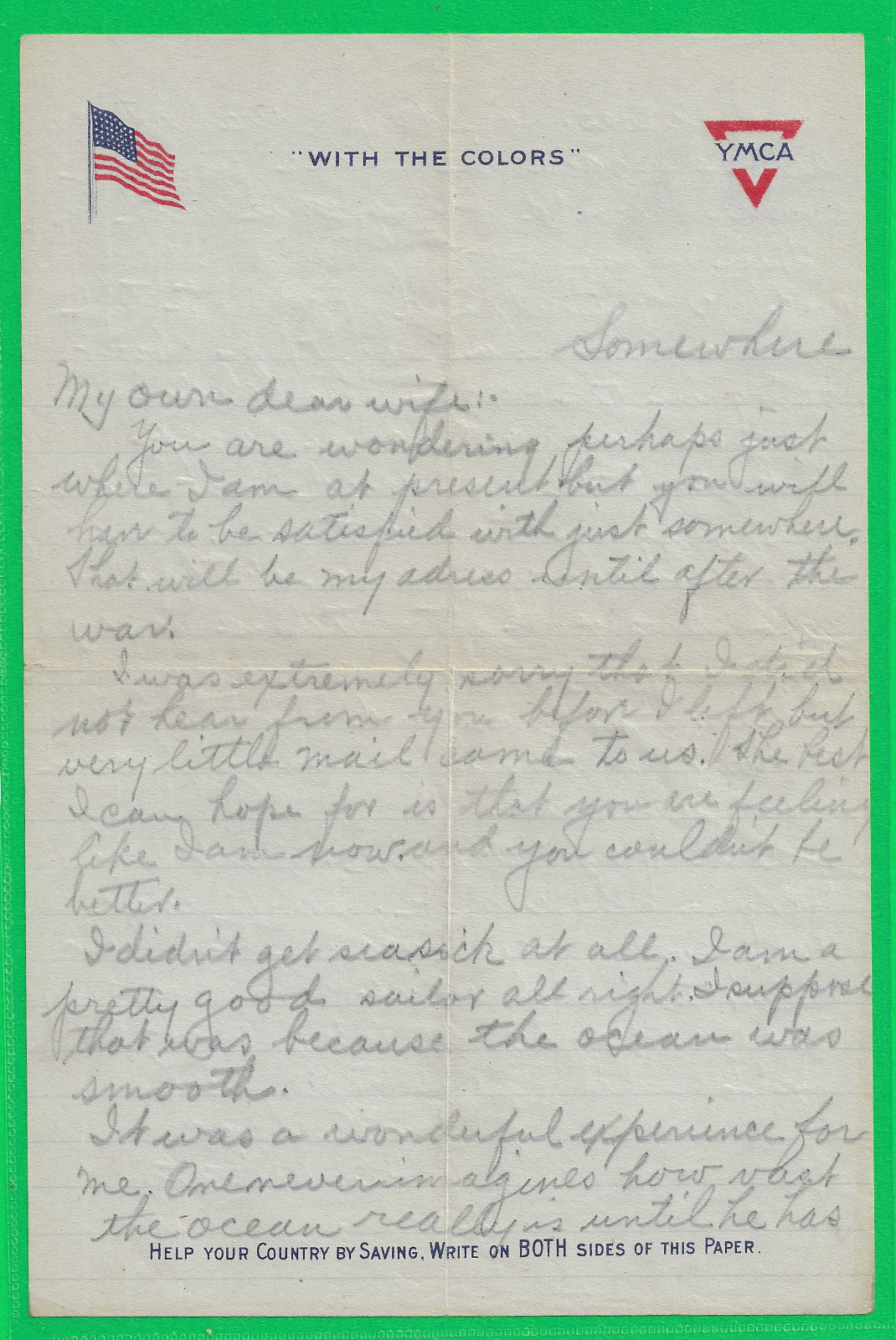 World War 1918 Letter to Wife 2-Pgs. From \