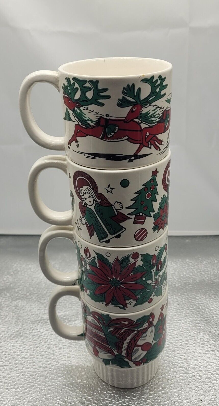 Vintage 1960\'s Stackable Christmas Coffee Tea Mugs Made in  Japan Set of Four 