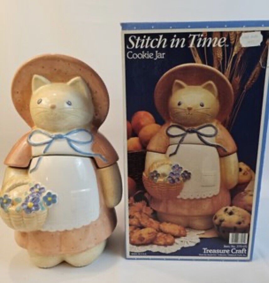 Treasure Craft Stitch in Time Cat Auntie Elm Cookie Jar 14”T 7.5”W New In Box