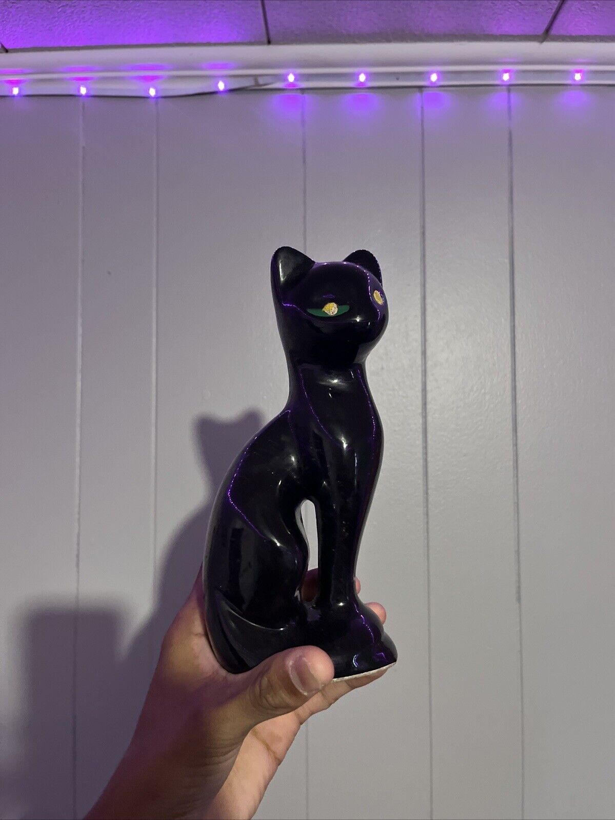 Vintage Black Cat With Green Eyes Porcelain Ceramic Statue Figurine 8” Tall