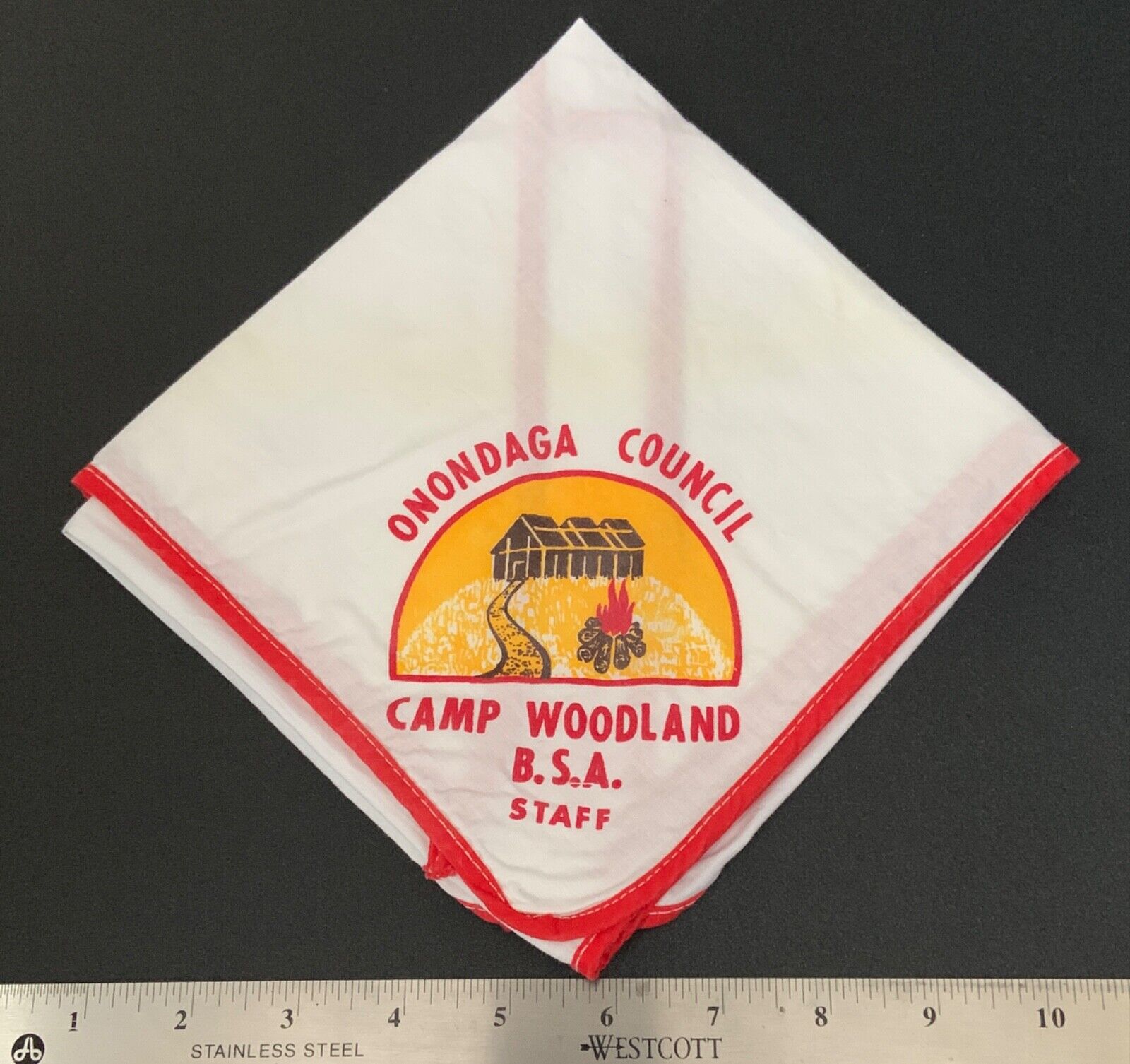 Vintage CAMP WOODLAND STAFF Boy Scout NECKERCHIEF Onondaga Council BSA BADGE