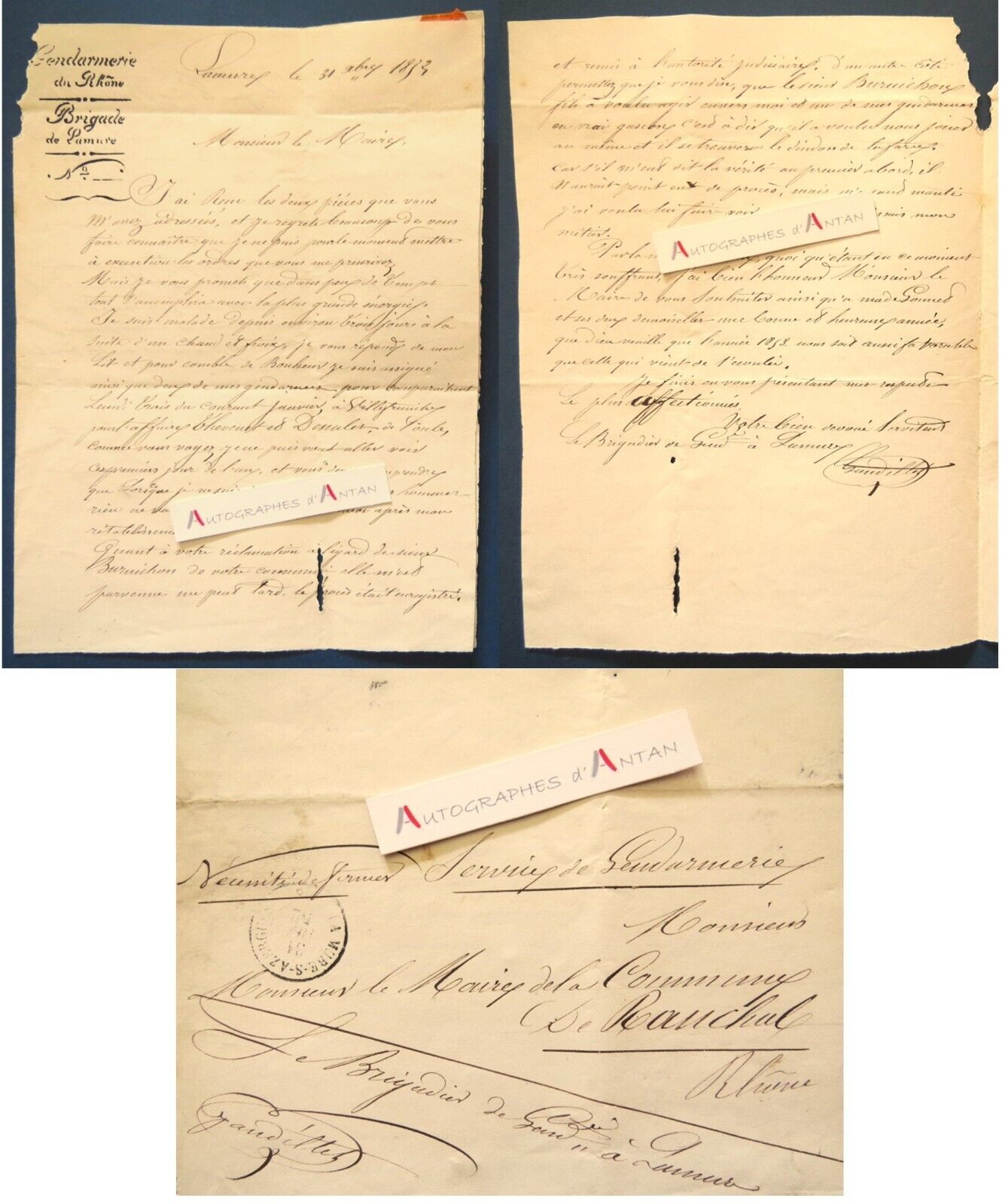 ● Gendarmerie / Brigade de LAMURES (on Azergues) 1852 - Rhône - Letter to the Mayor