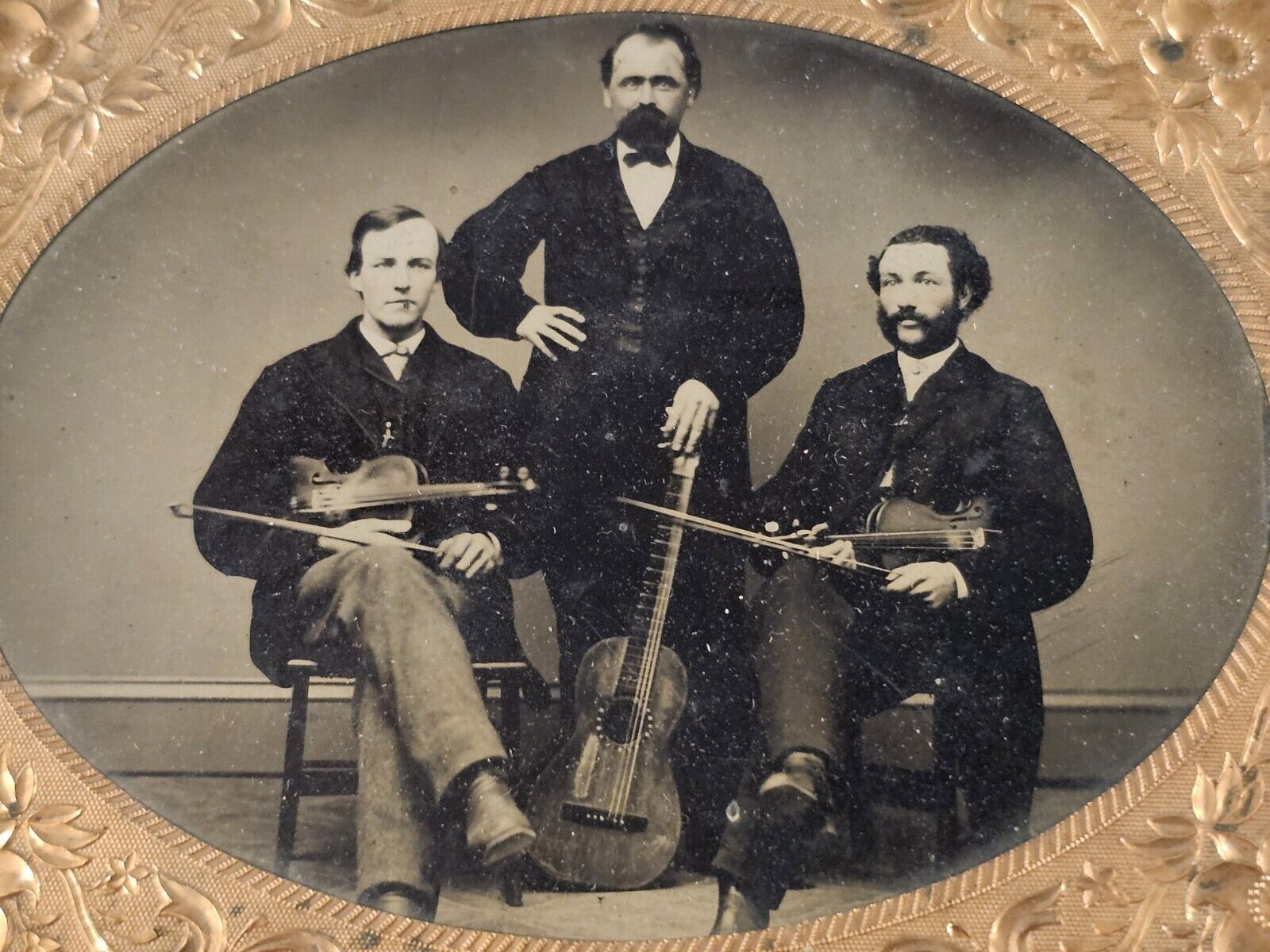 Trio of String Musicians Tintype Excellent Clarity Sixth Plate