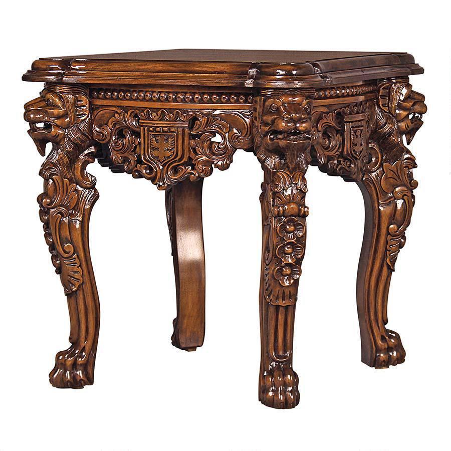 Majestic Lions Hand Carved Solid Mahogany Medieval Antique Replica Side Table