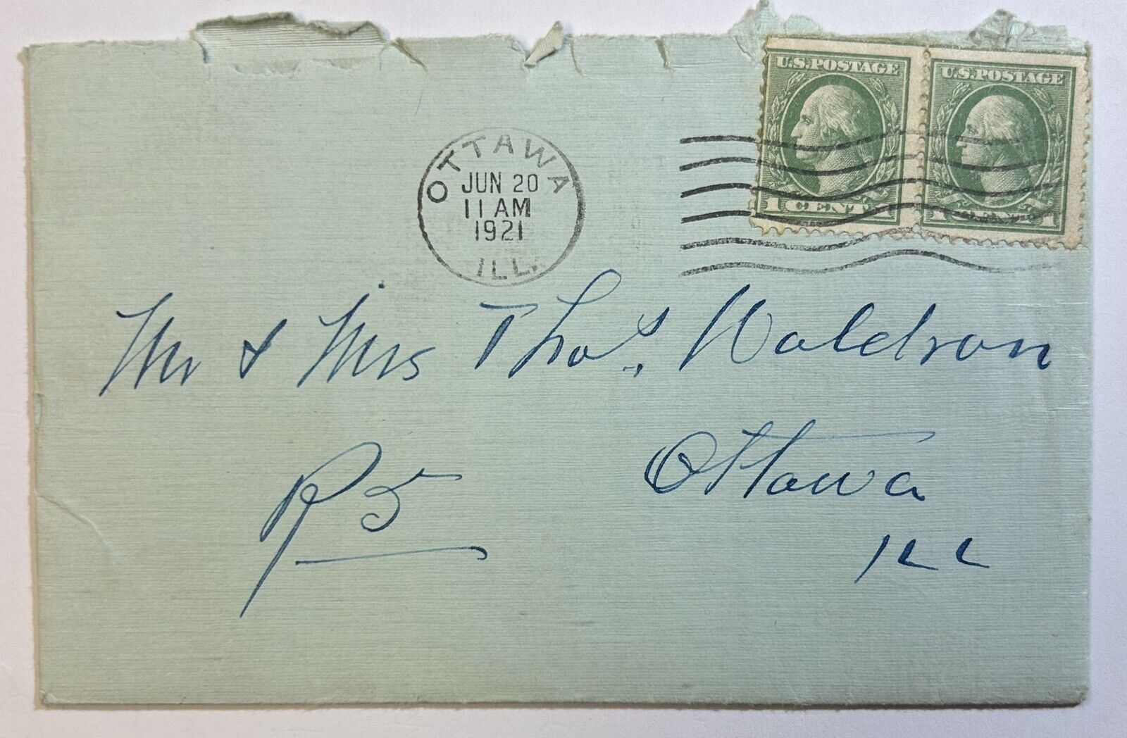 Ottawa Illinois Antique Postmarked Letter 1921, 1 Cent Stamps